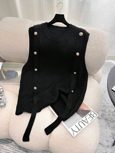 Gilet en tricot sans manches pour femme avec boutons latéraux et sangle <span class=keywords><strong>à</strong></span> nouer - Gilet pull décontracté <span class=keywords><strong>à</strong></span> col rond pour <span class=keywords><strong>l</strong></span>'automne/hiver - Product Image 1