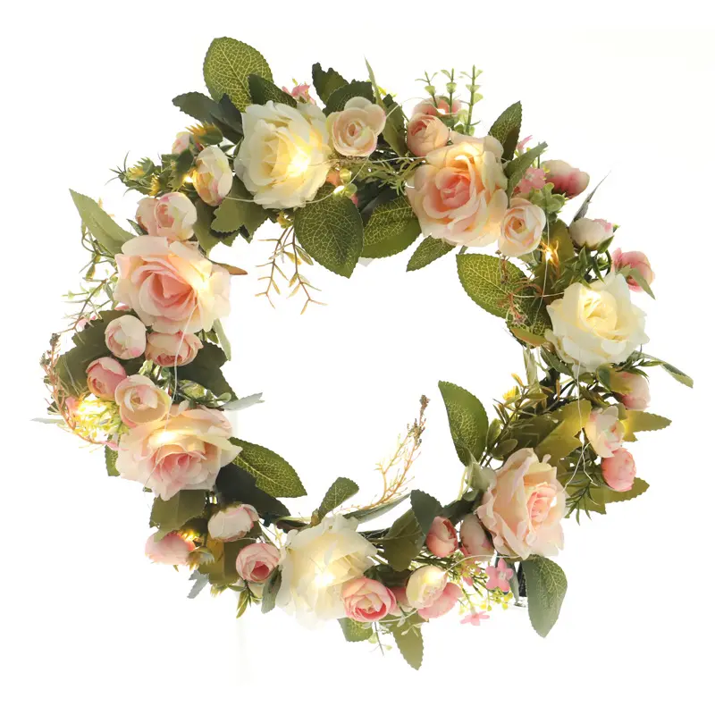 Neuer künstlicher Rosen kranz mit LED-Licht blumen wandbehang nach Hause Blumen dekor Frühling handgemachte dekorative Tür Rosen kranz