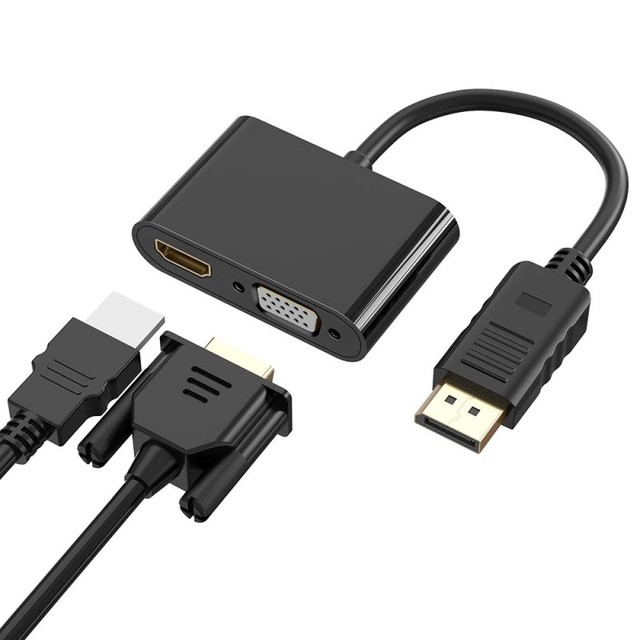 2-in-1 DisplayPort to HDTV 4K/VGA Adapter USB C to USB Converter for Laptop Dual Output 4K30Hz & 1080p Black Color