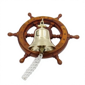 Volant de bateau en bois nautique à fixer au mur, décoratif, en laiton poli brillant, cloche nautique, poignée en corde blanche, cloches de luxe pour la décoration - Product Image 1