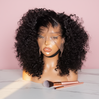 Peluca Bob Corta Rizada Kinky con Cabello de Bebé, Densidad 250%, Remy Brasileño, Encaje Frontal, Negro Natural, Sin Pegamento, Encaje HD Transparente