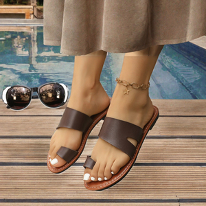 Women's Flat Toe Post Slides Slippers PU Upper Lining Rubber Outsole Summer Beach Casual <b>Shoes</b> - Product Image 3
