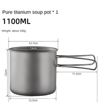 Ensemble de casseroles de camping en titane ultralégères 1100 ml 1600 ml, ustensiles de cuisine légers avec poignée pliable pour la randonnée, le camping et la cuisine en plein air