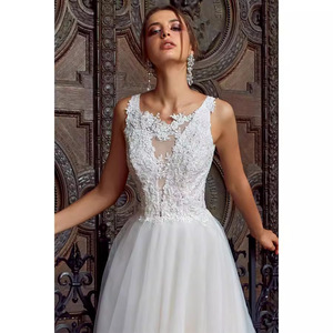 V Neck White Knitted Backless A Line Wedding Dress Natural Waist Off White Polyester Fiber - Product Image 3