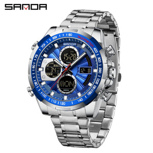 Reloj de Pulsera SANDA 5105 para Hombre con Correa de Acero, Esfera Grande, Multifuncional, Deportivo y Ejecutivo, Digital, con Tres Zonas Horarias y Alarma - Product Image 1