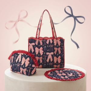 3 Piece Quilted Bow Print Tote Bag Set with Cosmetic Pouch and Round Mat, Reusable Cotton Fabric <b>Gift</b> Set - Product Image 1