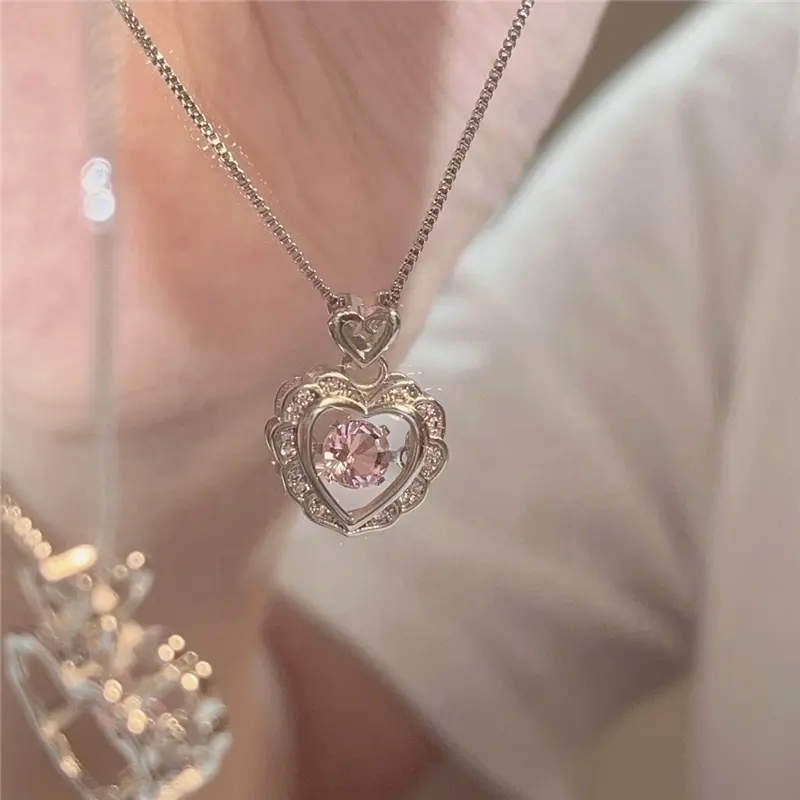 Корейская мода, Ретро стиль, пустотелые, розового цвета с украшением в виде кристаллов Сердце Кулон серебряный цвет цепочка, колье для женщин, свадебные украшения