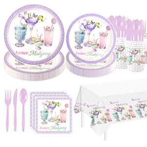 ชุดอุปกรณ์บนโต๊ะอาหารแบบใช้แล้วทิ้งสำหรับงานเลี้ยงวันเกิดธีมอีสเตอร์ แก้วไวน์ลายไพ่นกกระจอก จานกระดาษ ผ้าปูโต๊ะตกแต่ง-สีม่วง ชมพู เขียว - Product Image 3