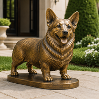 Statue de Corgi grandeur nature en bronze, sculpture en métal moulé brun antique avec base intégrée pour entrée de villa de luxe ou jardin