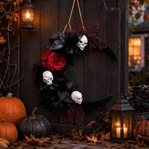 Party Supplies Gothic Black Rose Hanging 35Cm Spooky Front Door Wall <b>Decor</b> <b>Halloween</b> Skull Crescent Moon Wreath - Product Image 3