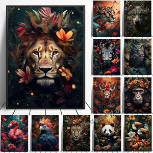 Lion flamant rose <span class=keywords><strong>Panda</strong></span> singe dans la fleur Jungle Art affiches Animal sauvage Art toile impression mur Art photo décor à la maison peinture - Product Image 2