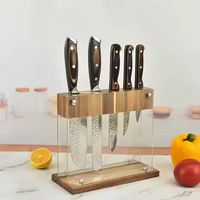Nouvel arrivage de cinq fentes organisateur de stockage de couteaux de cuisine en bois d'acacia et bloc acrylique avec sacs à roulettes pour couteaux