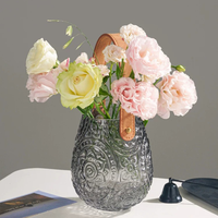 Vase en verre gaufré en forme de sac à main avec poignée en cuir marron, vase rond pour fleurs fraîches, branches séchées, décoration de table pour la maison