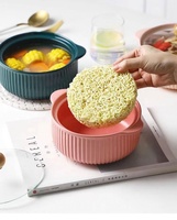 En gros, Bol de cuisson en céramique à double anse avec couvercle, grand format pour usage domestique, pour nouilles, soupe et cuisson