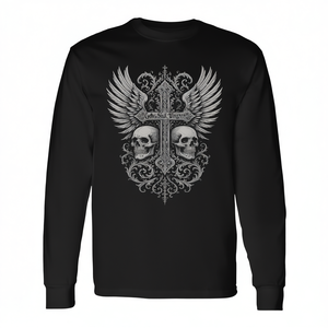 T-shirt gothique à manches longues avec croix et ailes de crâne, esthétique grunge Y2k - Product Image 2
