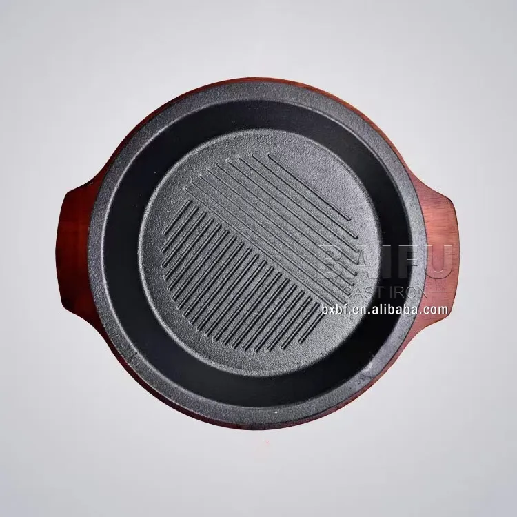 Pre seasoned sizzle griddle Hot plate sizzler pan sizzling plate Cast Iron Round Pan with red wood base