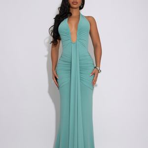 Nuevo Estilo 2026 Vestido Maxi Halter para Mujer, Color Sólido, Escote en V Profundo, Fruncido, Drapeado en la Parte Delantera, Ajustado, Elegante, Formal, OEM Personalizado - Product Image 2