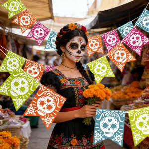 Bandera de Papel Cuadrada con Temática del Día de la <span class=keywords><strong>Muerte</strong></span> Mexicana para Fiesta de Carnaval, Festival de los Muertos, Colorida, Precio de Fábrica - Product Image 5