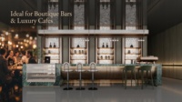Meuble mural de bar intégré avec vitrine, panneau arrière en marbre blanc, étagère en verre, bande LED, colonne cannelée, personnalisable pour hôtel, OEM
