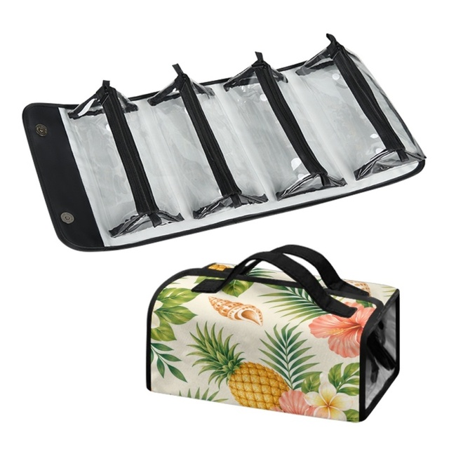 Private Label Roll Up Travel Cosmetic Bag with Hawaiian Pineapple Tropical Print Polyester Hanging Makeup Storage Organizer