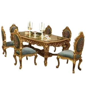 القصر الكبير تخصيص 12 مقعد الجداول الملكي أثاث خشبي على الطراز العربي الذهبي منحوتة الخشب العتيقة الطعام مجموعة مقاعد الطاولة