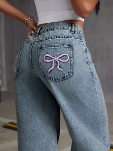 Nuovi <span class=keywords><strong>Jeans</strong></span> da <span class=keywords><strong>Donna</strong></span> a Vita Alta Stile Baggy a Gamba Dritta con Fiocco Vestibilità Comoda in Denim Lavato Estivi Effetto Ringiovanente Pantaloni a Gamba Larga Stile Dolce - Product Image 4