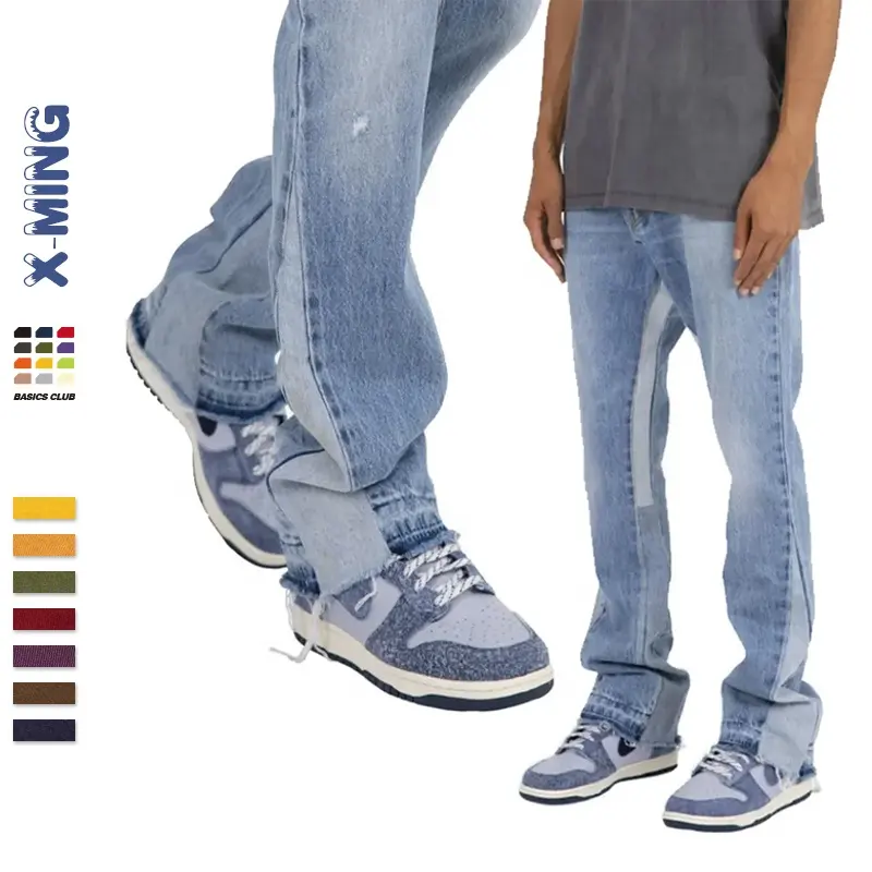 Calças jeans masculinas, pernas largas empilhadas, logotipo personalizado, para homens