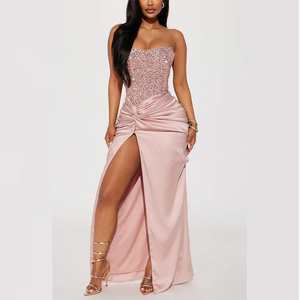Glamorous Pink Sequin Strapless Maxi Dress with Twist Waist and High Slit Formal Evening <strong>Gown</strong> for Prom Customizable - Product Image 1