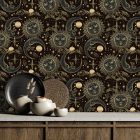 Papier peint vintage avec soleil, lune, étoiles et visages souriants, moulures murales, mur de salle de bain, crédence de cuisine, mur de salon