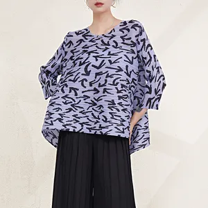 Miyake Pleated Ladies Tops Latest Design Pleated Asymmetrical Printed Blouse Geometric Pattern Women Long Sleeve Casual Shirt