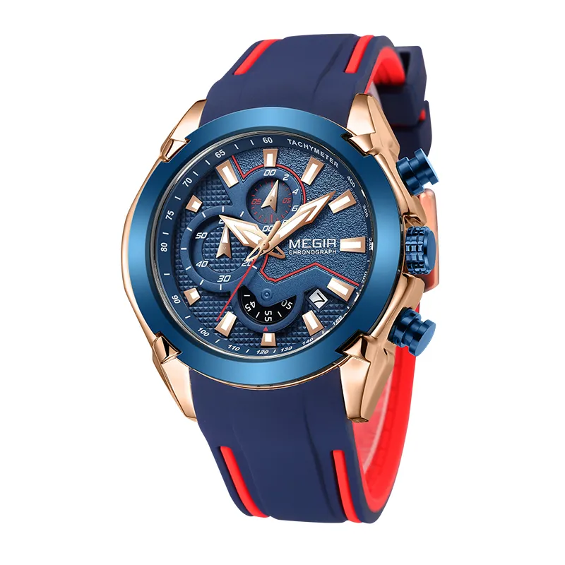 Factory MEGIR 2065 Fashion New Water Resistant Blue Dial Face Man Wrist Watch Sport Design Silicone Watch Custom Logo
