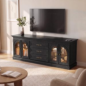 Moderno y Lujoso Soporte para <span class=keywords><strong>TV</strong></span> de 80 Pulgadas, Mueble para <span class=keywords><strong>TV</strong></span> de Madera Negra con Puertas de Vidrio Arqueadas para Proyectos de Hoteles y Villas, Fabricante OEM/ODM - Product Image 4