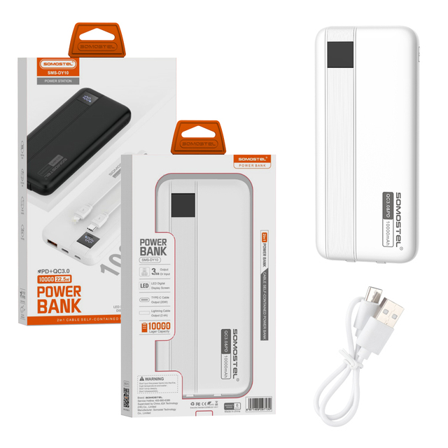 Somostel DY10 10000mAh Charging Power Bank Self-Contained Line Type-C USB Data Cable for iphone Portable LED Cargador Portatil