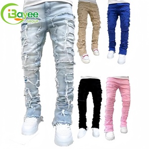 Venda por Atacado Hot Sale Calça <span class=keywords><strong>Jeans</strong></span> Masculina Skinny Boca de Sino com Franjas e Logo Personalizado de Grife - Product Image 3