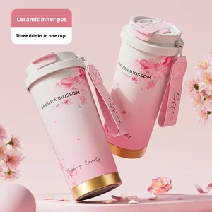 Hoa anh đào của phụ nữ chân không màu hồng phích cup 316 thép không gỉ đôi tường thiết kế gắn trên xe 500ml 6-12 giờ nhiệt rơm - Product Image 2