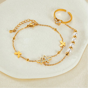 สร้อยข้อมือผีเสื้อเคลือบทอง 14k 18k ทำจากสแตนเลสสตีล 316L ไม่หมอง พร้อมแหวนสำหรับผู้หญิง - Product Image 2