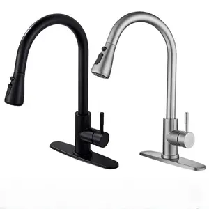 Commercial Black Pull Out Kitchen Faucet With Cover Plate Single Level Stainless Steel Kitchen Sink Faucets With Sprayer