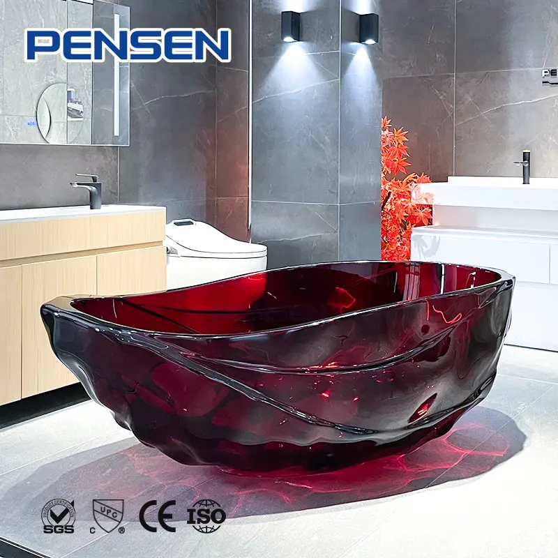 Bañera de hidromasaje independiente transparente de piedra Pensen, bañera de cristal para baño, bañera de resina pura, bañeras transparentes