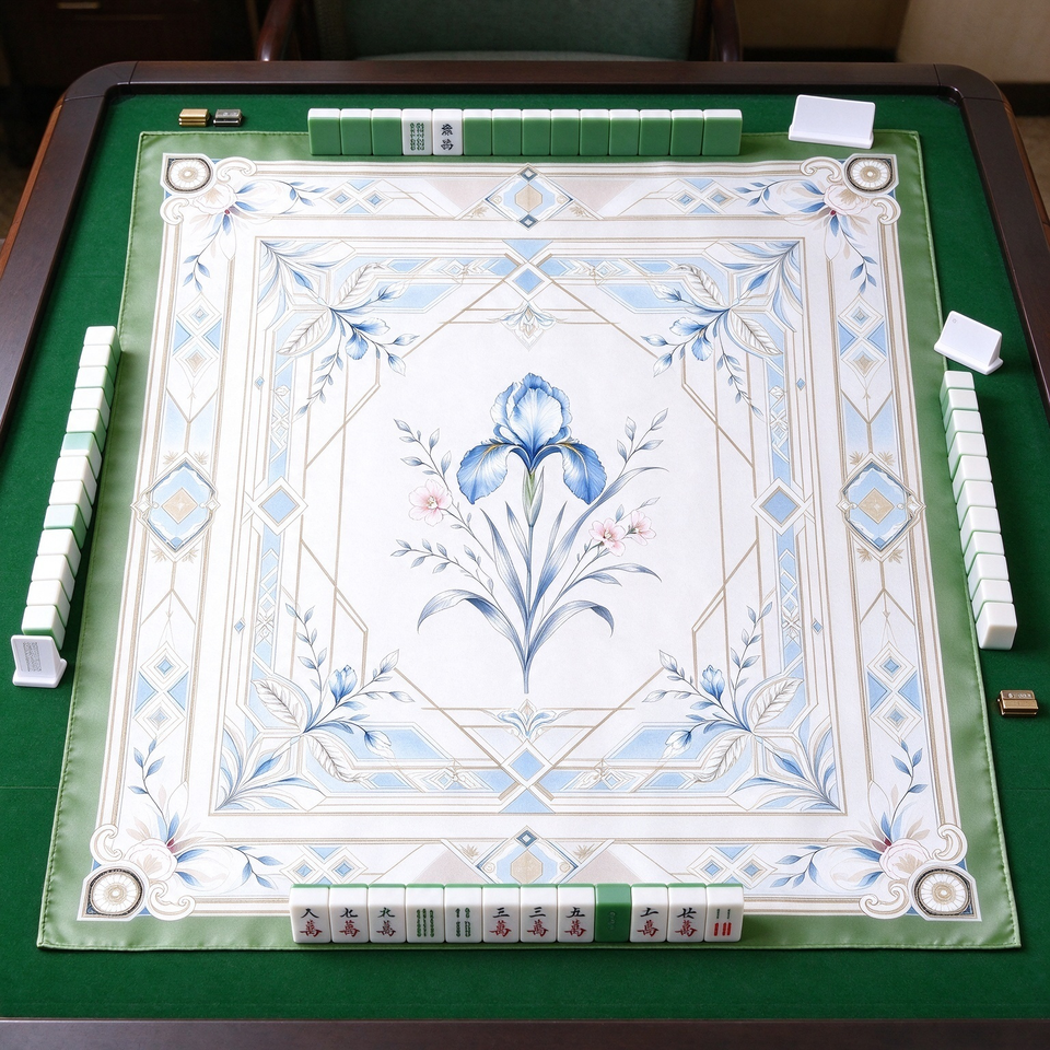 Database Order Table Square Mahjong Table Mat Blue Iris Floral Print Green Border Non Slip ...