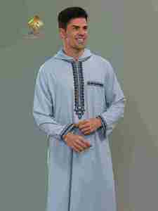 Al Haramain <b>Men's</b> Hooded <b>Thobe</b> Long Sleeve Cotton Floor Length Modest Prayer Robe Solid Light Blue Middle East Style - Product Image 5