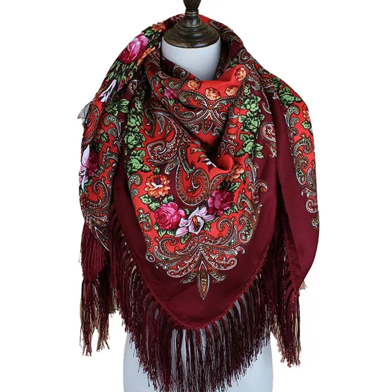 Wholesale Fashion Russia Shawls Factory Traditional Flower Print Pashmina Square Pashmina Scarf In Tassel
