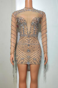 Peccato B Mesh elasticizzato attillato Sexy pieno di diamanti gonna corta Nightclub DJ Stage squadra costumi Sexy per Performance da festa - Product Image 2