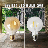 Ampoule LED de haute qualité 6W E27 G95, forme globe, lumière à filament rétro, utilisation intérieure/extérieure, corps en verre, CRI 80, 4100K blanc neutre, CE