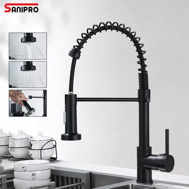 SANIPRO Flexible Cold Hot Mixer Spüle Wasserhahn SUS304 Edelstahl Schwarz 360 Rotation Spring Küchen armatur mit Pull-Down-Sprüh gerät