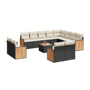 Ensemble de canapés de jardin blanc crème avec coussins noirs, meubles d'extérieur en rotin, design contemporain imperméable - Product Image 1