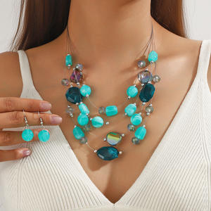 Collier et boucles d'oreilles en résine à paillettes multicouches vintage en gros, style bohème, pierre irrégulière colorée - Product Image 3