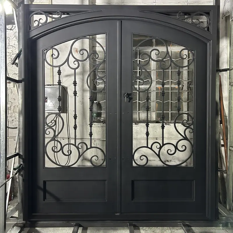 Portes françaises en fer forgé d'usine Porte intérieure avec porte d'entrée de sécurité en métal en verre
