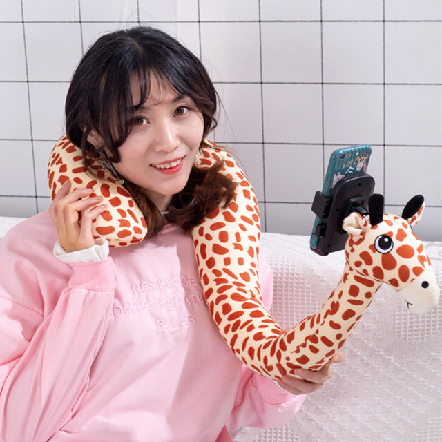 2 in 1 Super Soft U-shape Neck Travel Pillow Lazy Animal Pillow With Mobile Phone Bracket Holder