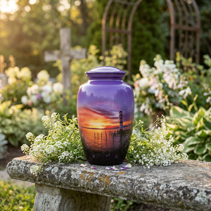 Urna Funeraria de Aluminio Hecha a Mano para Cenizas Humanas |   Diseño pintado del faro del atardecer |   Urna Conmemorativa para Cremación de Adultos |   Tamaño Personalizado - Product Image 4