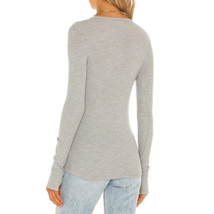 Soft <b>Thermal</b> Knit <b>Women</b> <b>Top</b> Long Sleeves Thumb Cut Outs Bodycon Grey Henley Tee - Product Image 3